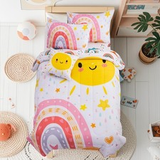 5 Piece Pink Rainbow Comforter Set for Girls Boys Kids, Twin Size Cartoon Lov...
