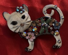 NEW WHITE Enamel RHINESTONE Flower Cat LARGE PIN KITTEN Brooch NIP  