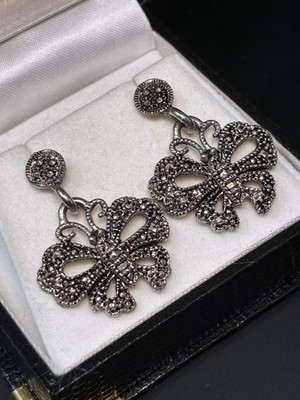 Vintage Seaman Jewelers Sterling Silver Butterfly Earrings Marcasite Sparkle