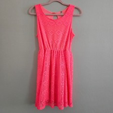 Bella D Neon Coral Pink Sleeveless Lace Diamond Geometric Summer Dress Large