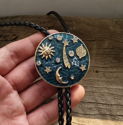 Celestial Bolo Tie: Gold-Tone Sun, Moon & Stars - Western Wedding Necklace