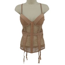 Women Medium Beige Sheer Flower Floral Mesh Underwire Corset Tank Top Garters