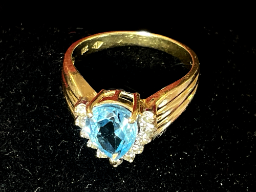 14K GOLD BLUE TOPAZ & DIAMOND RING NATURAL GEMSTONE SIGNED - Picture 14 of 16