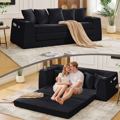 82.25'' Convertible Sofa Bed w/ 5 Pillows, Cup Holders & Storage