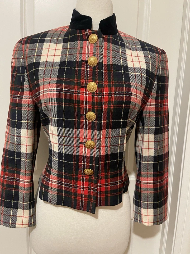 Blazer Mondi Vintage Cuadros Recortado Lana Terciopelo Detalles Talla 36 ~ Hecho en Hungría Foto 3 de 4