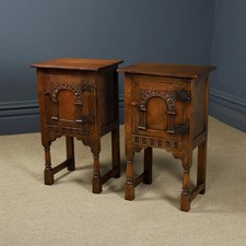 Vintage Pair English 16th Century Style Tudor Oak Lamp Bedside Tables (c. 1950)