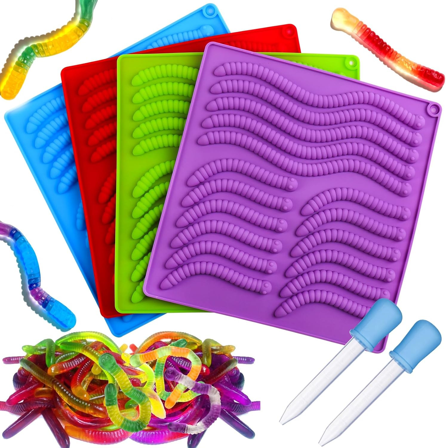 4Pc Gummy Worm Molds | Silicone Candy Molds for Kids Fruit Snacks & Gummies