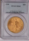 1920 Gold St. Gaudens Double Eagle $20 PCGS MS63. Scarcer date.