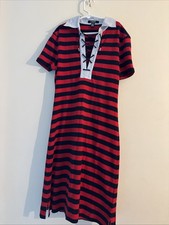 Chaps Short Sleeve Polo Dress Sz XS Navy Red Striped 100% Cotton Midi NWOT