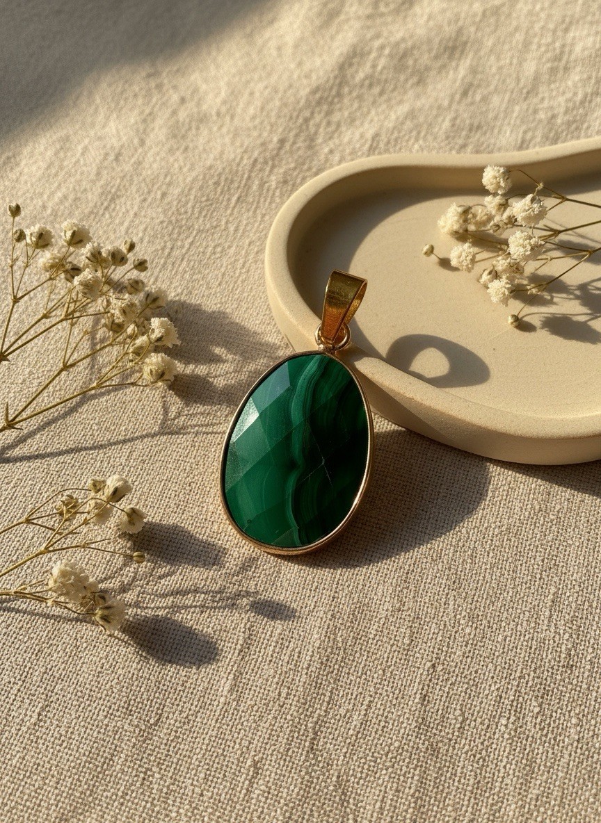 Pendentif malachite naturelle contre le teint terne avec sa monture dorée 20mm