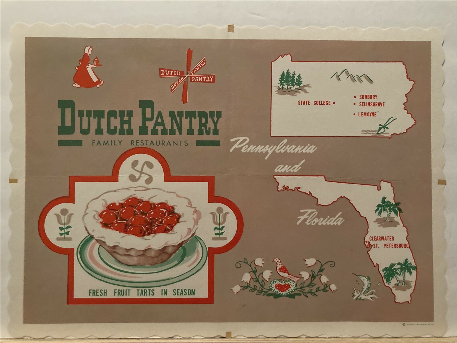 1950 Dutch Pantry Restaurant Placemat State College Sunbury PA