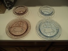VINTAGE Nursery Rhyme Child's 3-Part Plates  Bowls PURPLE  BLUE SIGNED TIARA