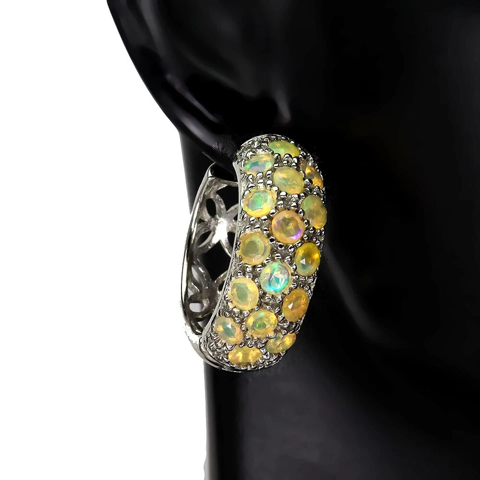 925 Orecchini Argento Sterling Rotondo Opale di Fuoco Naturale Gemma Gioielleria - Immagine 2 di 4