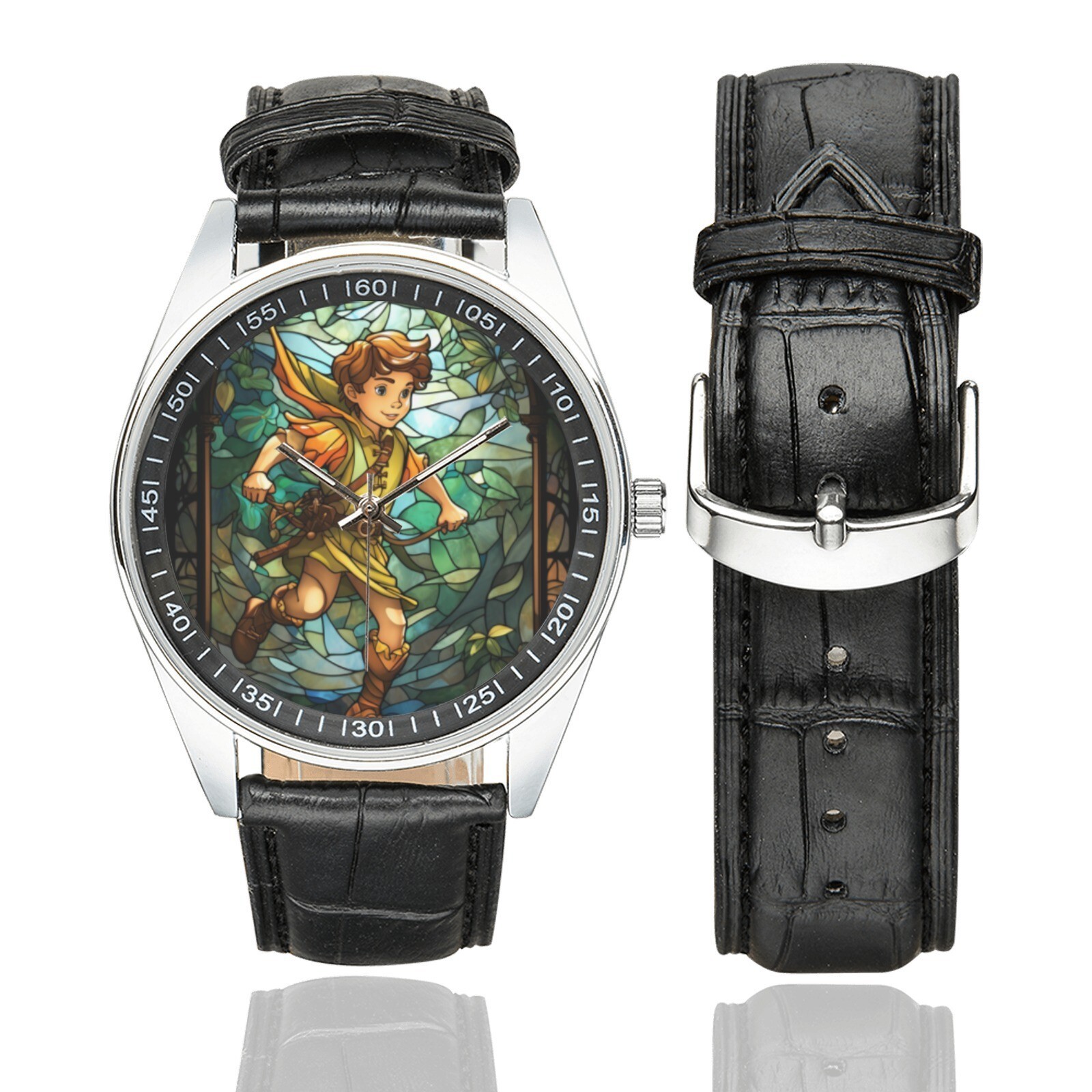 Reloj Peter Pan vitral con correa de cuero negro para adulto