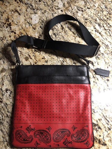 Coach Charles Red Black Bandana Print Leather Sport Calf Crossbody Bag - Picture 2 of 5
