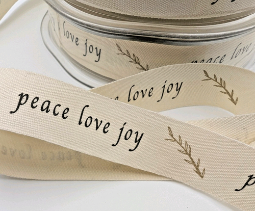 Printed Ribbon with Peace Love Joy Natural Cotton icon ribbon 3/4" wide 30 yards - Picture 3 of 6