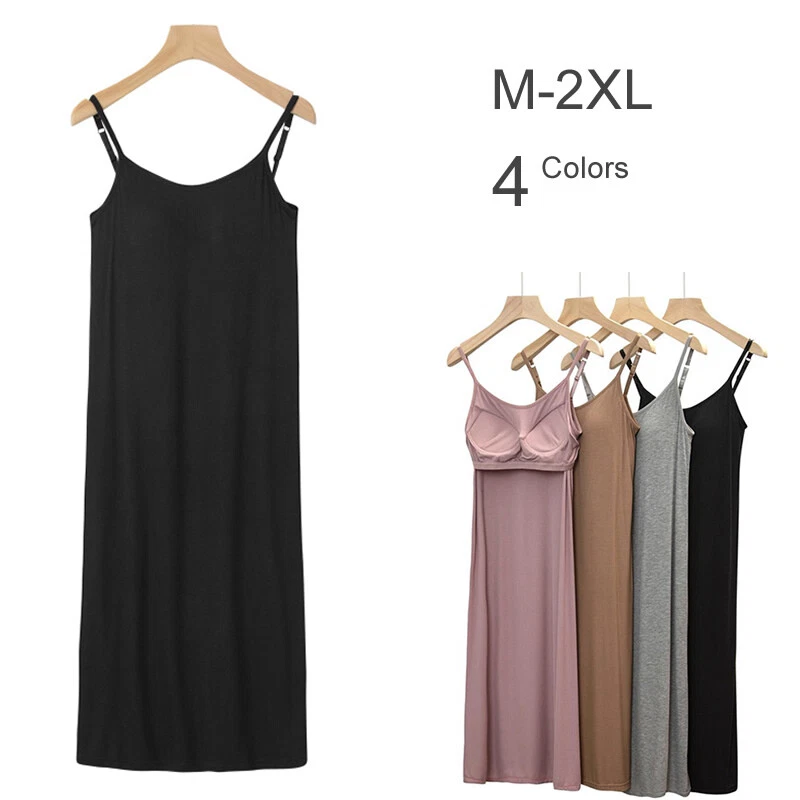 Ribbed Built In Bra Wireless Midi Cami Tank Dress Sleepwear Lounge Nightgown