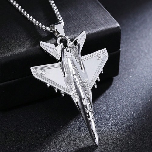 Stainless Steel F-18 Fighter Jet Retro Pendant & 3mm 24' Rolo Chain Necklace - Picture 2 of 6
