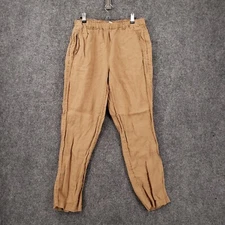 C&C California Pants Womens M Medium Brown Linen Elastic Waist Pull On Ankle