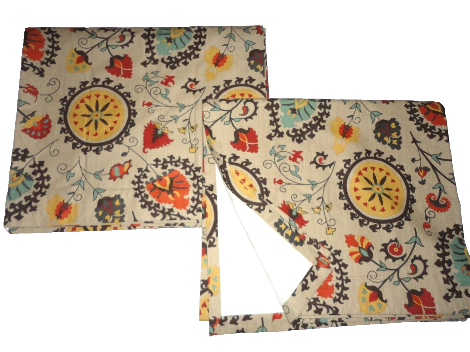 WORLD MARKET SUZANI GOLD RED AQUA MEDALLION FLORAL (2) CURTAINS PANELS 48X84