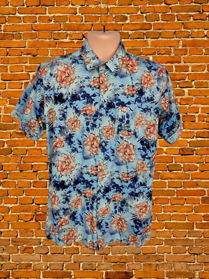 VINTAGE MITTELBLAUES HEMD KURZARM HAWAII TROPISCHER DRUCK BAUMWOLLE STRAND HERREN