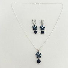 Ladies Blue CZ Stone Flower Dangle Earrings Pendant Necklace Silver Tone Set
