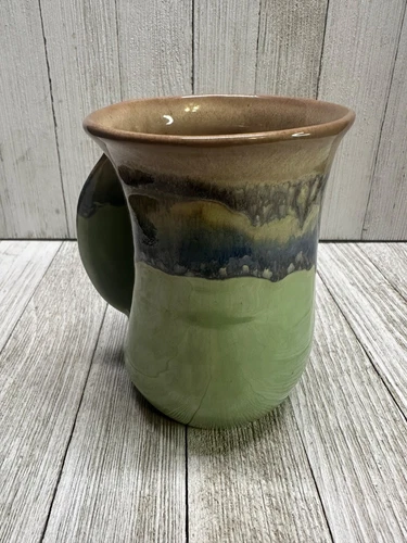 Neher Pottery Left Hand Warmer Coffee Tea Mug Cup Blue Green Glazed 5'' Tall