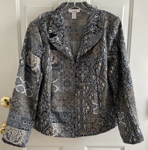 DressBarn WomanBlazer/Jacket 14/16 Blue Tapestry Floral Print Zip Front Career