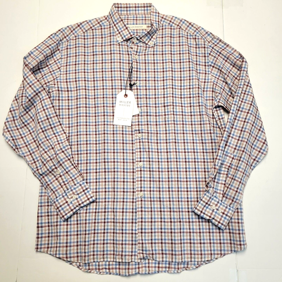 $198 New MILLER WESTBY Button Shirt Men XL X-LARGE Red Blue Check LINEN ...