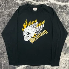 Vintage Skull Shirt Mens Medium Y2K Fire Flame Skull Skeleton Wings Breitling