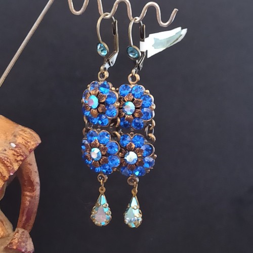 Michal Negrin Earrings Royal Blue With Swarovski Crystals Statement Long Flowers - Picture 12 of 19
