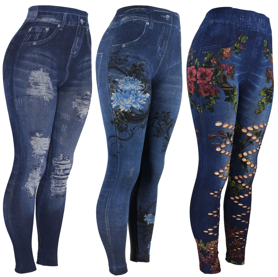 High Waist Womens Faux Denim Jean Leggings, Slim Stretch Pencil Jegging - Image 2 of 3