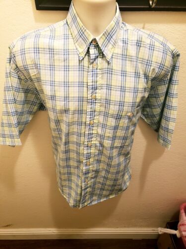 Burberry Shirt Mens Med Made in USA Green Blue Plaid Button Up Short Sleeve  - Picture 1 of 5