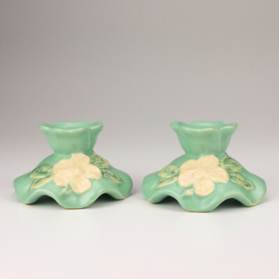 Weller Vintage Pottery Blossom Candle Holders (Pair), Turquoise Green