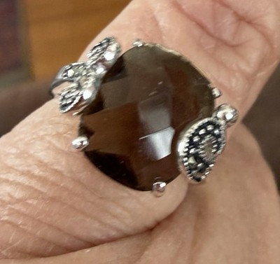 925 Sterling Silber Band mit Rauchtopas Stein Ringgröße 7 Markasiten Akzente