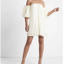 NWT EXPRESS Off the Shoulder Ivory Pleated Puff Sleeve Mini Dress S Bridal Party