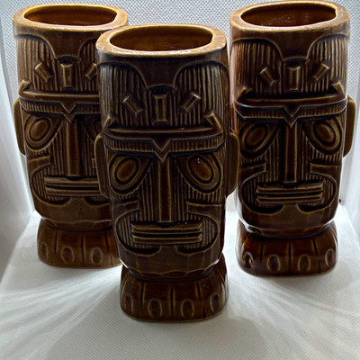 Set of 3 Brown Ceramic Tiki Mugs Hawaiian Ownership History Not Available