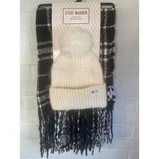 STEVE MADDEN Womens Beanie Pom Hat Plaid Scarf Set Cream Black White NWT Gift