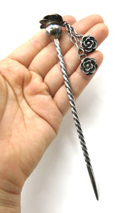 Handmade 925 Sterling Silver Rose Flower Hair pin Vintage Dangle Stick Thailand