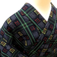 Wool kimono Kasuri pattern Black 61.9inch Women's