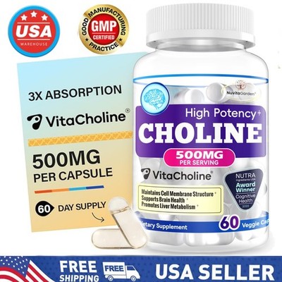Extra Strength Choline 500 mg, 60 Vegan Capsules Support Liver Health  