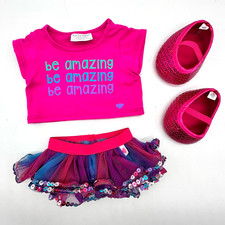 Build a Bear Pink Be Amazing Top Pink Sequin Tutu Skirt Teddy Clothes Outfit Set