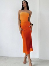 Sexy Ombre Mesh Bandeau Maxi Dress Backless Ruched Split Bodycon Party