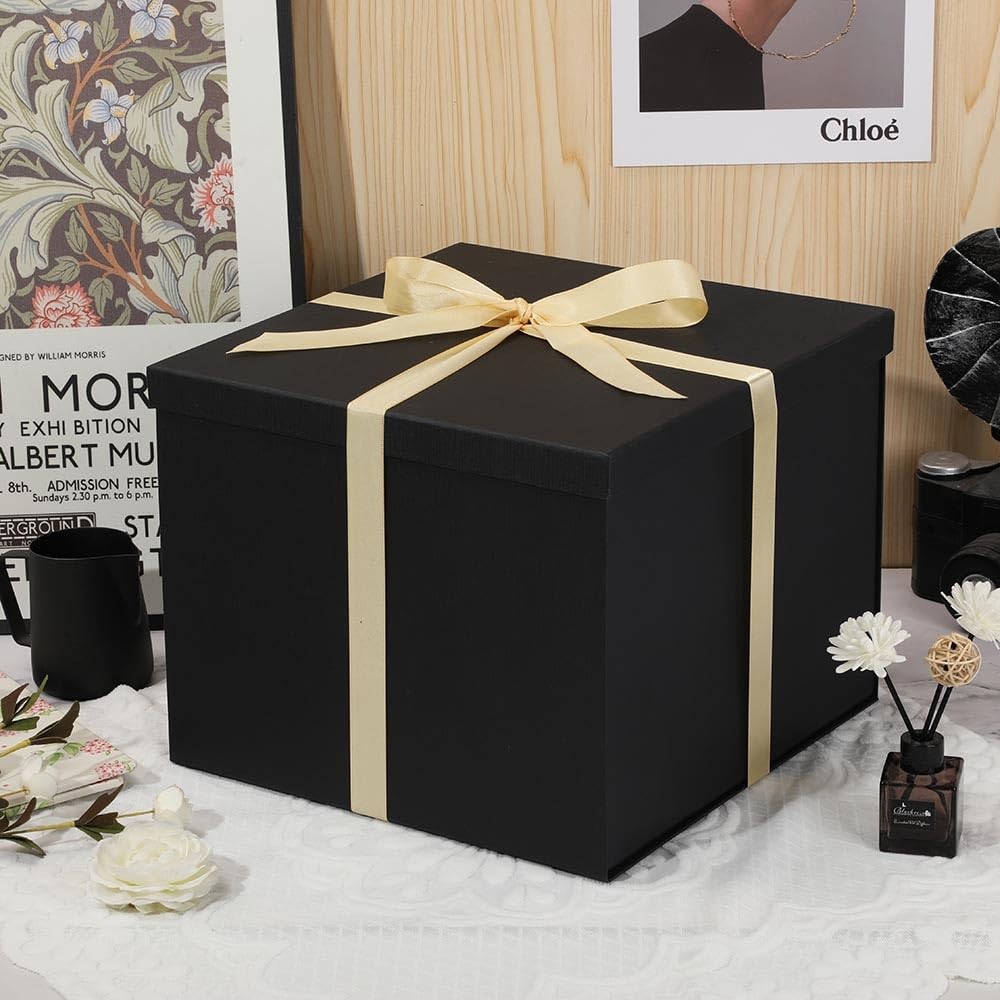 Large Gift Box with Lid 12.5x12.5x10 Inches, Black Gift Boxes for presents Pa...