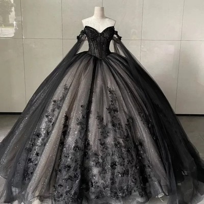 sweet black dress with lace New 3D Flowers Lace Quicneanera Dress Black Off The Shoulder Dark Navy –  formalgowns