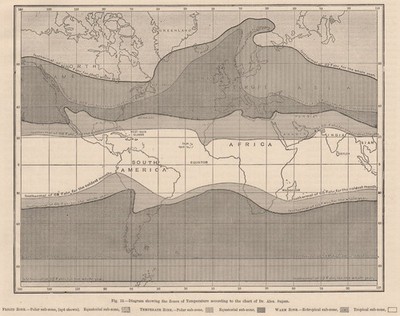 WELTKLIMA. Temperaturzonen nach Supan. Gemäßigte ektropische Karte 1882