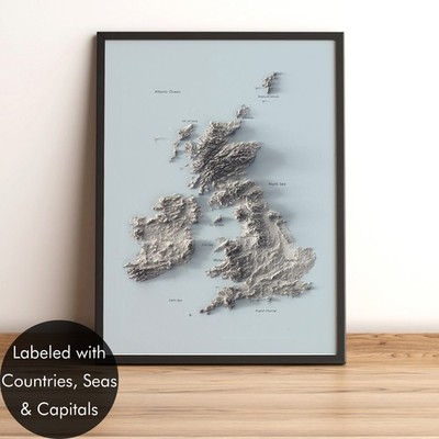 British Isles Minimalist Ocean Relief Map, UK Elevation Map - 2D Flat Print