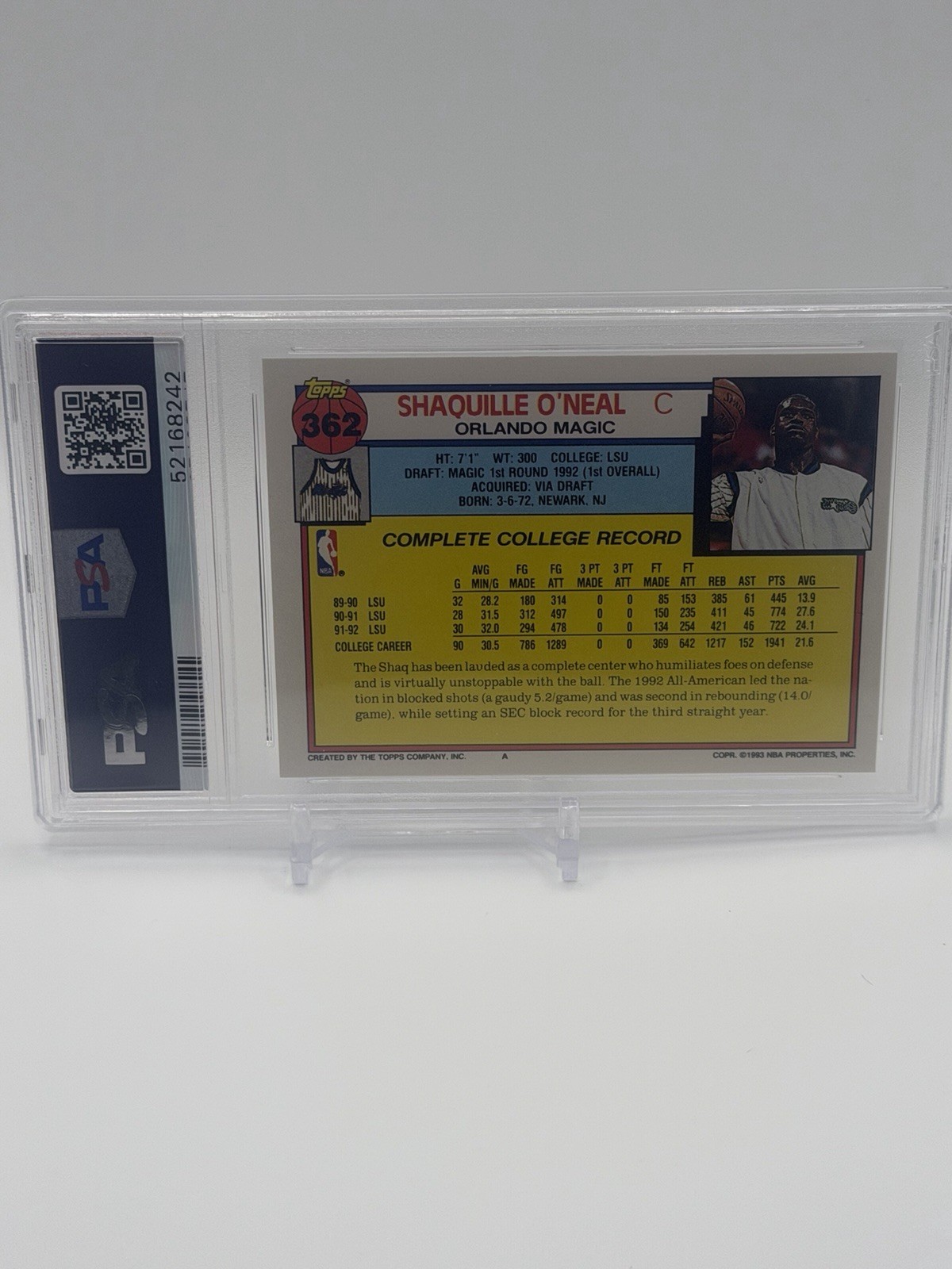 1992-93 Topps PSA 9 Shaquille O'Neal #362 (RC) Magic HOF view 2