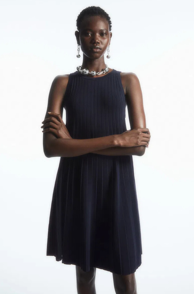 COS Pleated A-line Mini Dress size XS navy blue sleeveless knitted stretch short