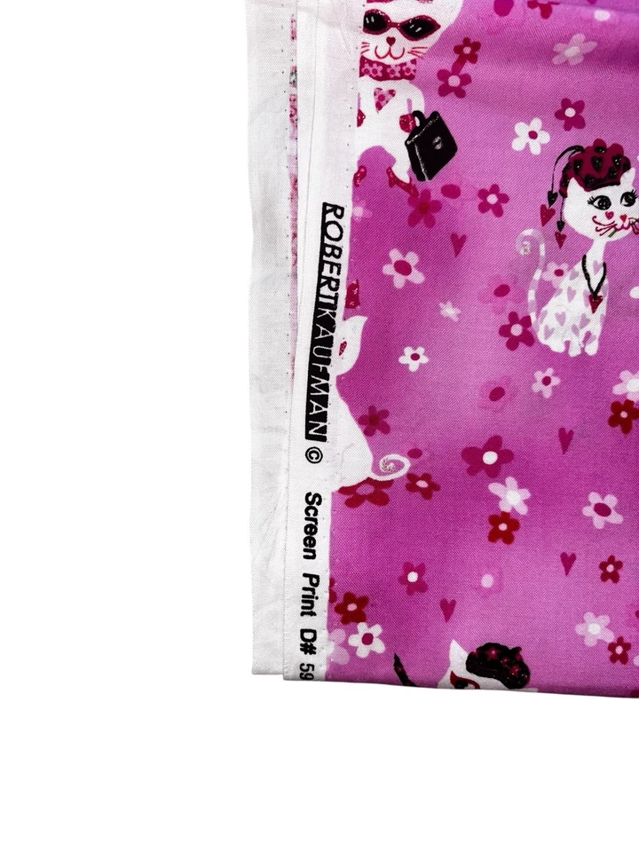 Robert Kaufman Pink Floral Cat Paris Red Hat Heart Rose Purse Metallic 45”X 110” - Image 3 of 4